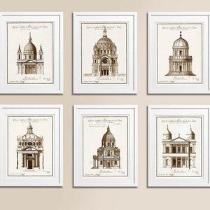 Láminas de arquitectura vintage, decoración en tonos tierra, juego de 6
