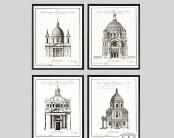 Architecture print 4 set. Architectural drawings. Ancient architecture elevations for home & office decor, great gift.