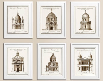 Classic Architecture prints 6 set, earth tone decor, Vintage architectural wall decor, office decor. Old drawings, engravings facades.