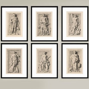 6 Engravings Greek and Roman Figures, neoclassical art prints, historical drawings, Classic architecture home decor or office decor