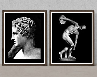 Ancient Greek statues photo prints. 2 Set Classic Greek bust and discus thrower. Black and white home decor or office decor.