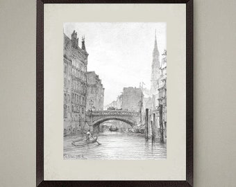 2 Set vintage tekenkunstafdrukken. Vintage architectonische schets Stad en water manier. Prachtig wanddecor, geweldig huisverwarmend cadeau.
