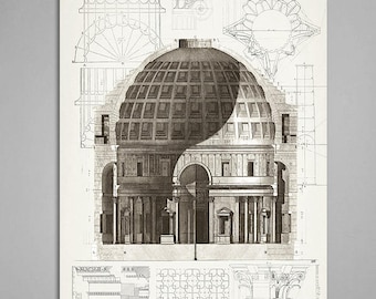 Lámina arquitectónica del Panteón, arte clásico de edificios, decoración vintage.