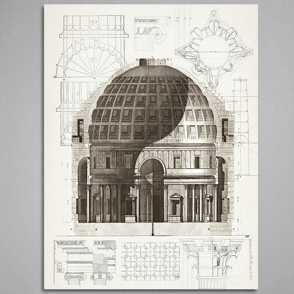 Pantheon Architecture drawing print, Pantheon building art print architectural elements diagrams in background