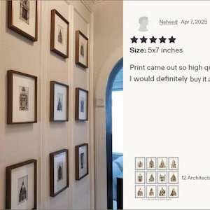 May include: A series of framed architectural prints, each with a brown wooden frame and a white mount. The prints, approximately 13x18 cm, depict various building facades in black and white. The frames are arranged on a light-coloured wall.