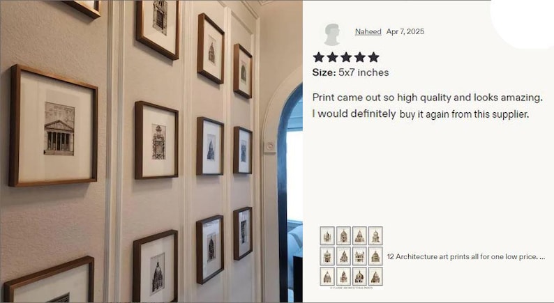 May include: A series of framed architectural prints, each with a brown wooden frame and a white mount. The prints, approximately 13x18 cm, depict various building facades in black and white. The frames are arranged on a light-coloured wall.