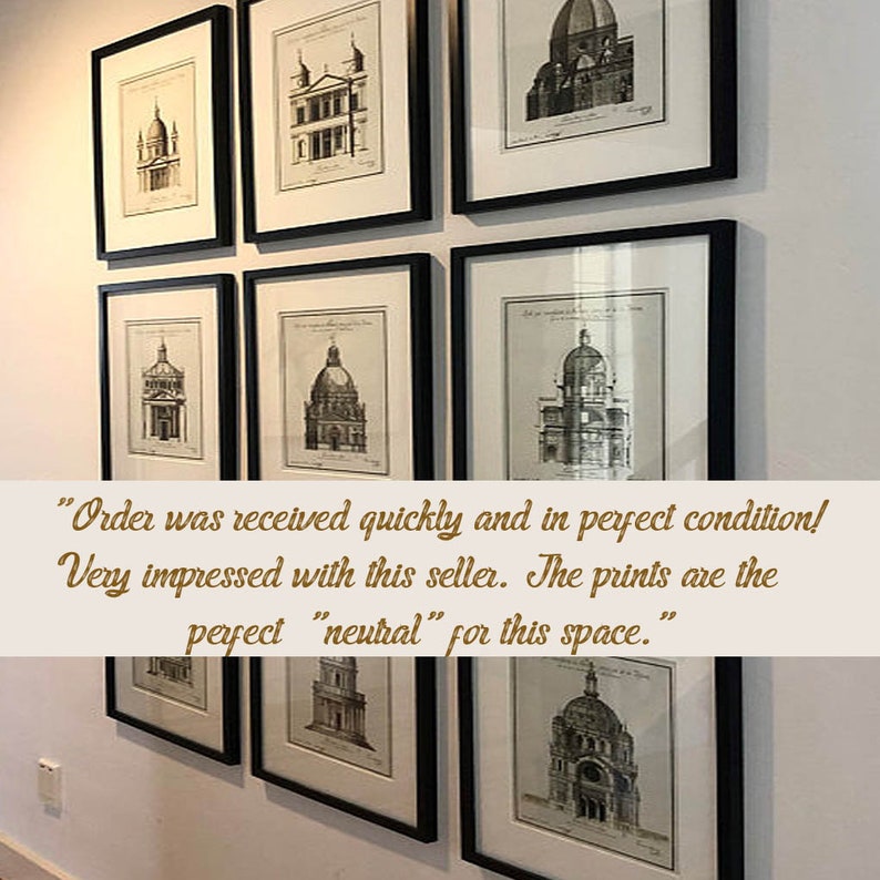 May include: Nine framed architectural prints with black frames are displayed on a white wall. The prints feature detailed black and white illustrations of buildings with domes and classical designs. The prints are arranged in a grid pattern.