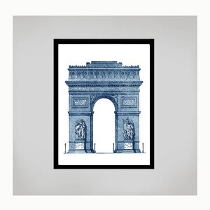 May include: A blue and white illustration of the Arc de Triomphe in Paris, France.