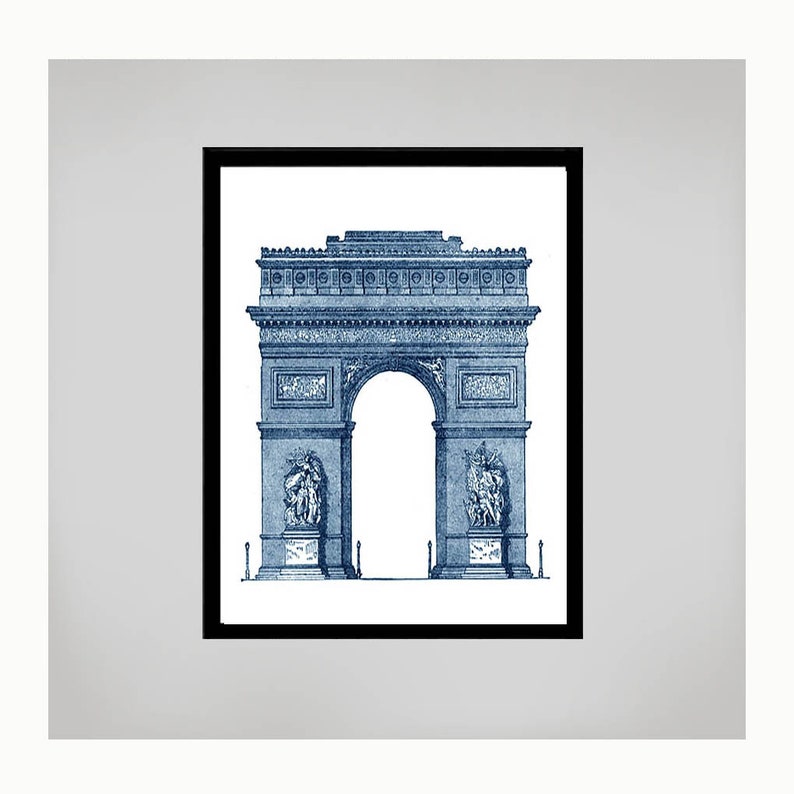 May include: A blue and white illustration of the Arc de Triomphe in Paris, France.