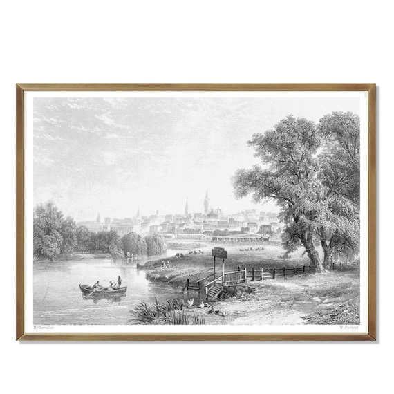 Engraving Landscape art print, European landscape, landscape decor, black and white vintage drawing,  lake sketch,  creek, vintage sketch