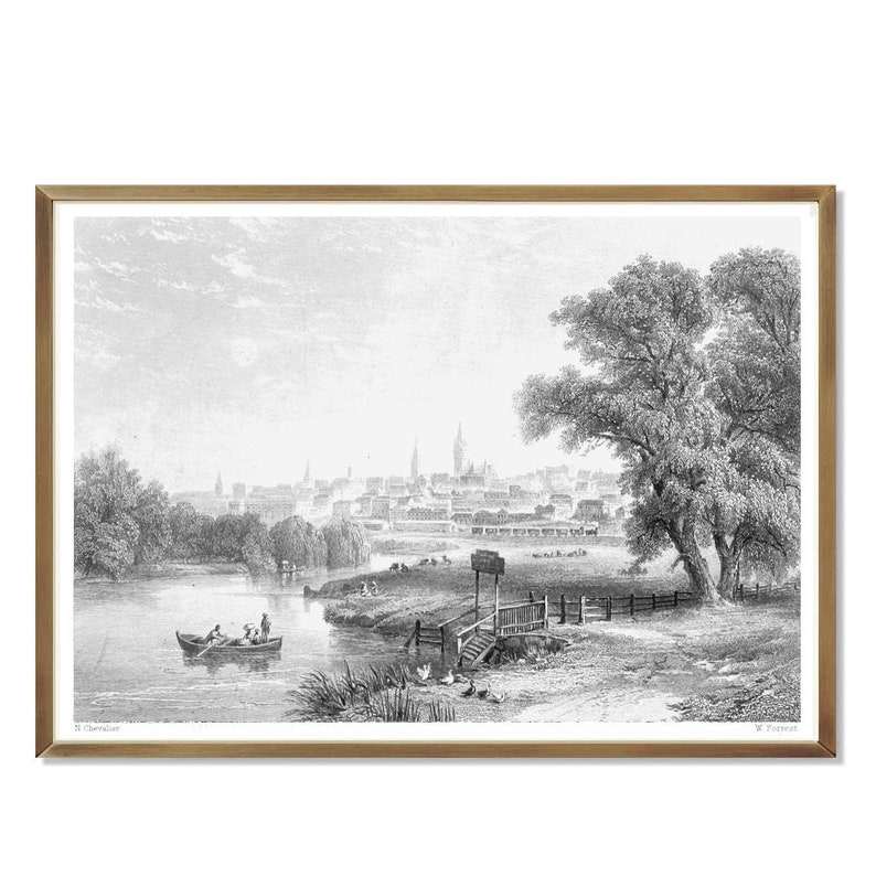 May include: A black and white engraving of a city skyline with a river in the foreground. A small boat with people in it is on the river. There is a bridge in the distance and a large tree on the right side of the image.