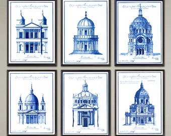 May include: Set of six blue and white architectural prints featuring detailed drawings of various buildings. Each print has a title and text in a vintage style font.