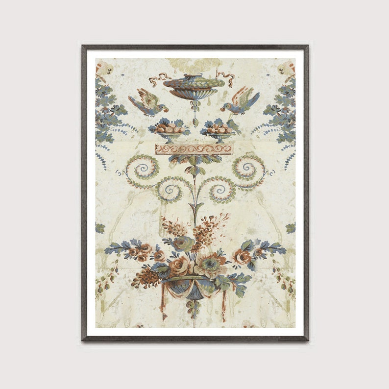 May include: A vintage-style wallpaper design featuring a floral motif with blue, green, and brown tones. The design includes a central urn with scrolling vines and birds.