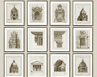 May include: A collection of twelve framed architectural drawings in sepia tones. The drawings depict various building facades, domes, and classical architectural details. Each framed print is displayed against a neutral background, creating a cohesive gallery wall aesthetic.