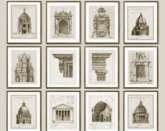 12 Architecture art prints. Ancient Architecture drawings, Gallery Wall Art, Classic architectural Prints for home/ office decor