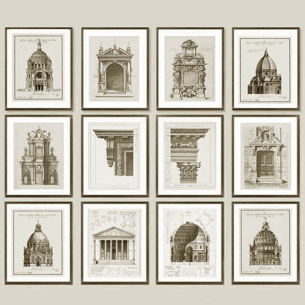 12 Architecture art prints. Ancient Architecture drawings, Gallery Wall Art, Classic architectural Prints for home/ office decor