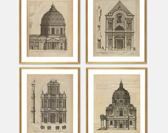 May include: Set of four black and white architectural drawings of churches. Each drawing features a different church with intricate details and a focus on the facade.