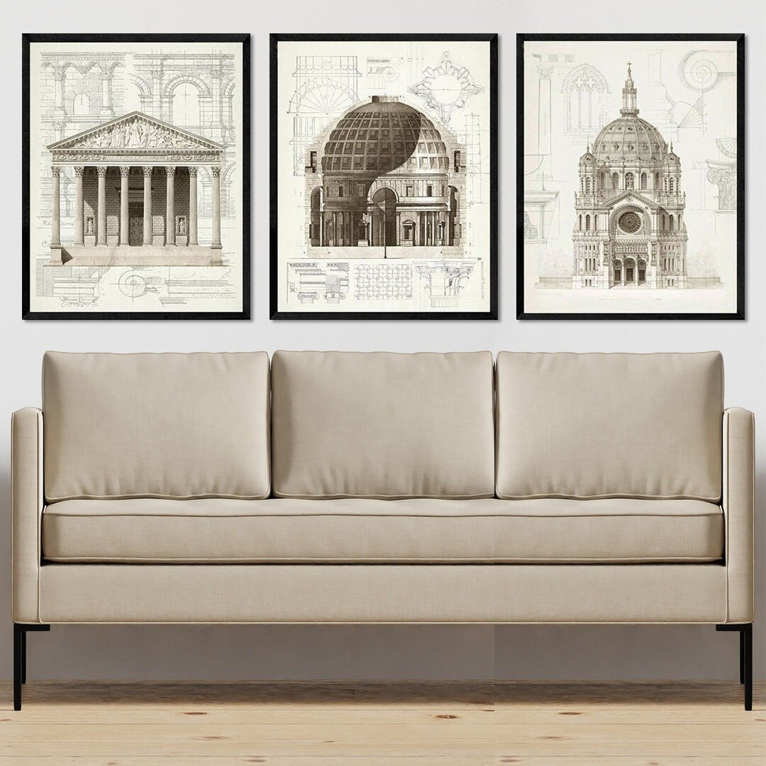 3 set Architectural Art Prints, Architecture drawing, roman architecture, vintage architecture, home decor prints, old architecture Wall Art