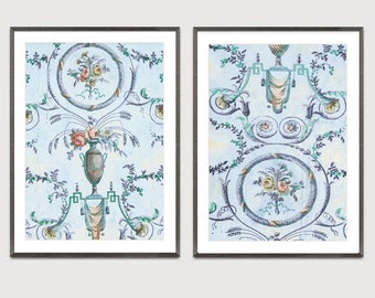 2 SET French Antique Wall Paper Print, Watercolor Blue Prints, Antique French, Blue Decor, French Country decor, French Design