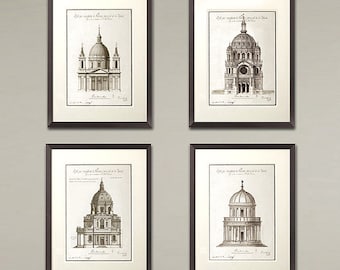 Large Classic Architecture art prints 4 set.Architectural elevations for home & office decor, great gift. Sizes  16x20, 11x14 and 8x10 inch!