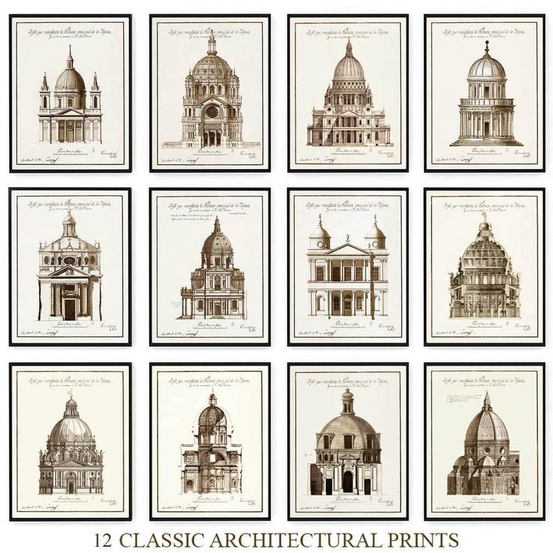 12 Architectural prints one low price. Classic architectural drawings for home decor, ancient architecture, office wall decor