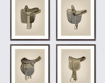 4 set Horse Saddles print, equestrian prints, Equestrian Decor, Vintage Saddles, Horse Art Decor, Horse farm decor, farmhouse decor