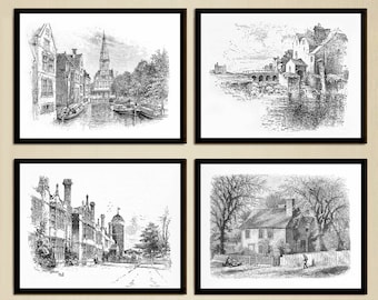 4 set vintage tekeningkunstafdrukken. Europese architectuurschets stad, land en waterwegen. Prachtig wanddecor, geweldig housewarmingcadeau
