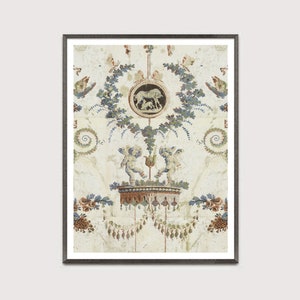 May include: A vintage-style print featuring a decorative design with cherubs, a wreath, and a bull. The design is in shades of blue, green, brown, and white on a white background.