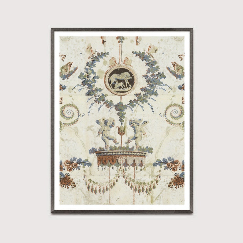 May include: A vintage-style print featuring a decorative design with cherubs, a wreath, and a bull. The design is in shades of blue, green, brown, and white on a white background.