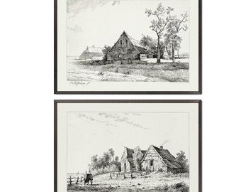 Puede incluir: Dos estampados en blanco y negro enmarcados de escenas rurales. La impresión superior muestra una granja sencilla con un techo de paja y un árbol en primer plano. La impresión inferior muestra una granja similar con una cerca y una figura en primer plano.