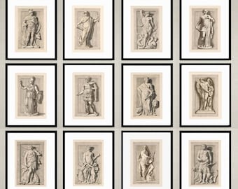 12 Engravings Greek and Roman Figures, neoclassical art prints, historical drawings, Classic architecture home decor or office decor