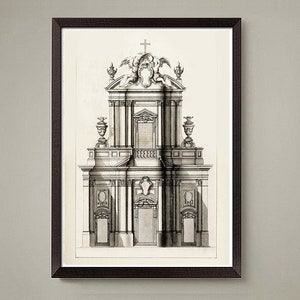 Puede incluir: Un dibujo en blanco y negro de una fachada de iglesia con una cruz en la parte superior. La iglesia tiene una gran puerta arqueada y dos ventanas m&aacute;s peque&ntilde;as a cada lado. El dibujo est&aacute; enmarcado en un marco negro.