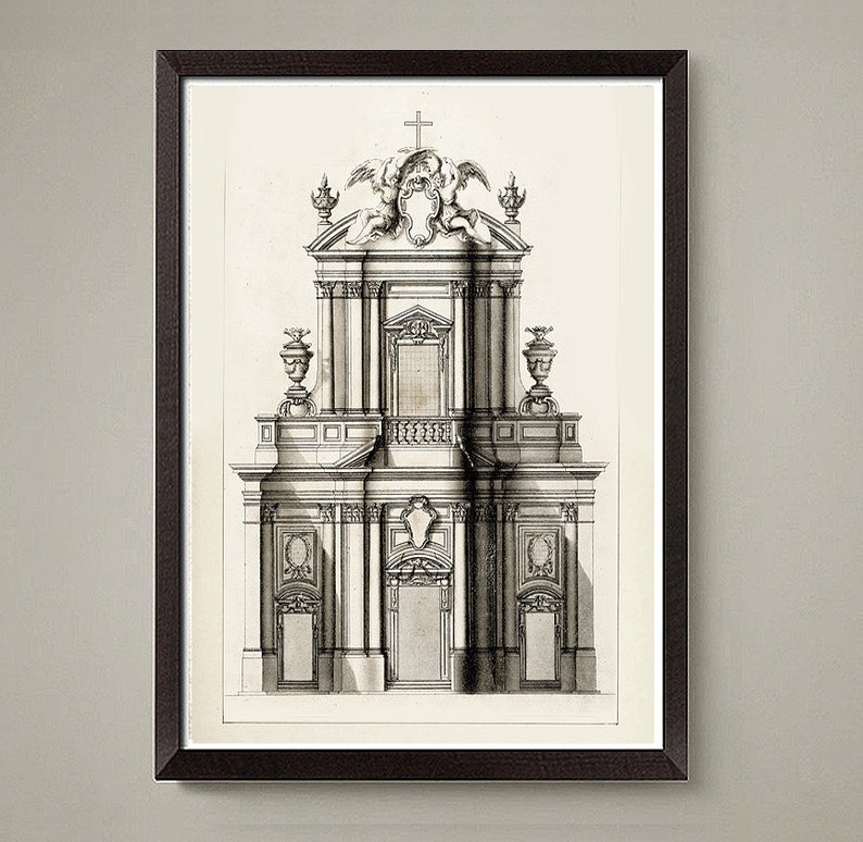 Puede incluir: Un dibujo en blanco y negro de una fachada de iglesia con una cruz en la parte superior. La iglesia tiene una gran puerta arqueada y dos ventanas m&aacute;s peque&ntilde;as a cada lado. El dibujo est&aacute; enmarcado en un marco negro.