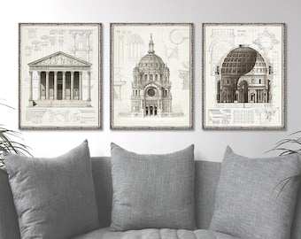 Láminas de arte de arquitectura romana, juego de 3, dibujos arquitectónicos antiguos.