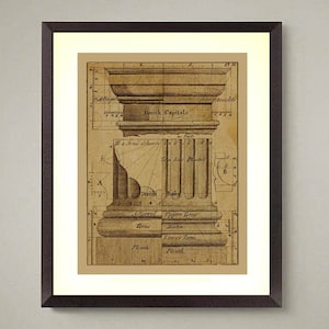 May include: A vintage illustration of a Doric column, showing the different parts of the column, including the base, shaft, and capital. The illustration is labeled with the names of each part in English.