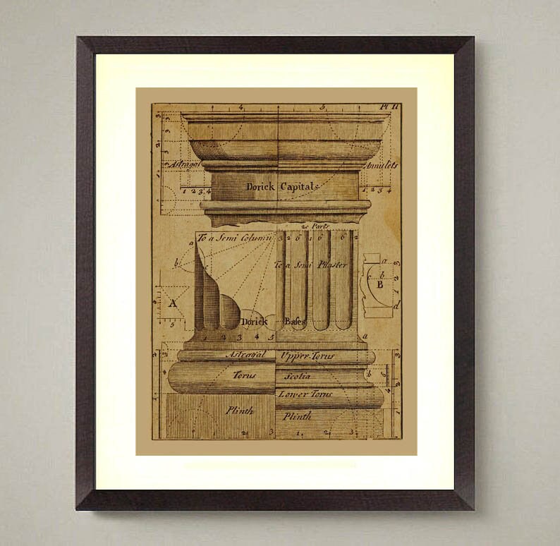 May include: A vintage illustration of a Doric column, showing the different parts of the column, including the base, shaft, and capital. The illustration is labeled with the names of each part in English.