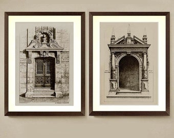 May include: Two framed black and white architectural drawings. The left drawing shows a detailed view of a doorway with a decorative archway and a set of double doors. The right drawing shows a detailed view of a decorative archway with a stone arch and columns.