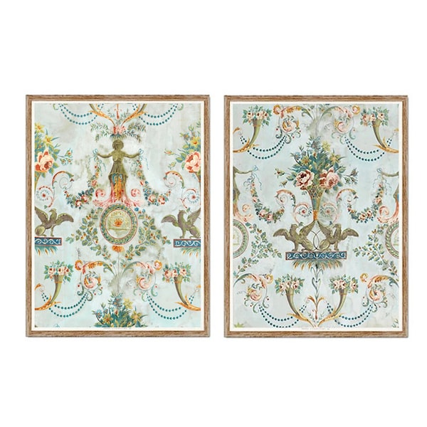 Antique French Wallpaper Print Set, Restored Floral Design