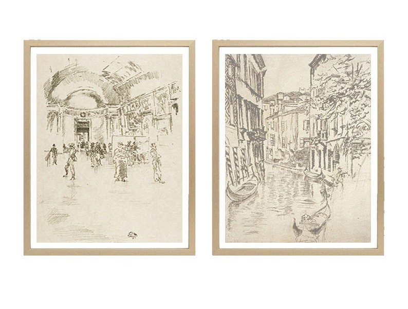 2 Set Venice vintage drawing art prints. Beautiful sketches for home or office decor, great house warming gift.
