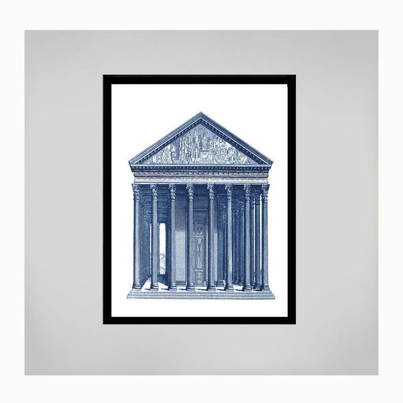 May include: A blue and white illustration of a classical temple with columns and a pediment. The temple is drawn in a detailed style, with intricate carvings and details.