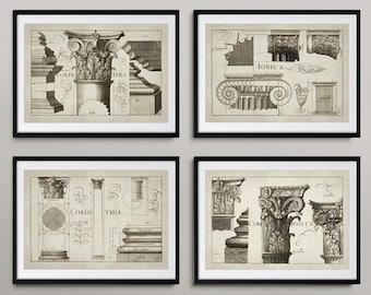 May include: A set of four framed prints displaying detailed architectural drawings of classical columns. Each print features different column styles, with intricate drawings and labels, all in monochrome.
