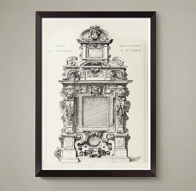 Puede incluir: Dibujo en blanco y negro de un marco decorativo del siglo XVII. El marco est&aacute; adornado con tallas intrincadas, incluyendo volutas, flores y un cartucho central. El texto "CADRE DU XVII SIECLE" y "Dessins pour la photographie de M. FRANCK." est&aacute; incluido en la imagen.
