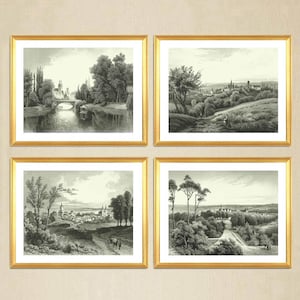Country Landscapes, 4 Set Vintage Drawing prints. European landscape sketch, engravings English country. Wall decor, vintage art