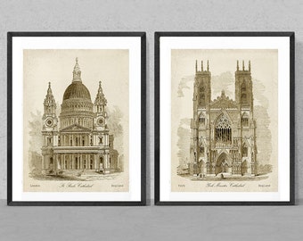Láminas de arquitectura catedralicia, arte catedralicio vintage, juego de 2
