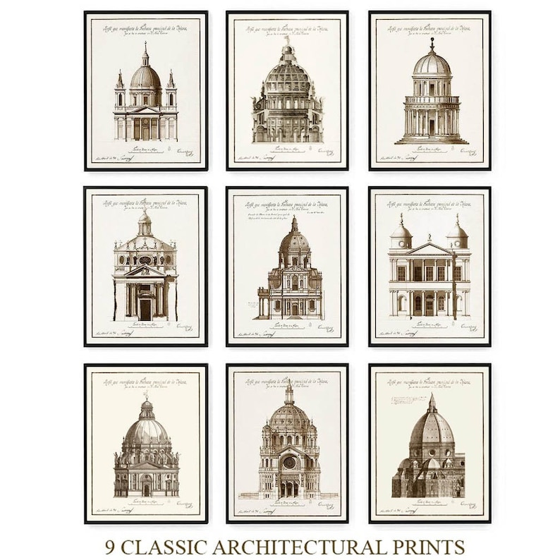 May include: A set of nine framed sepia-toned architectural prints, each depicting a different classic building with domes and detailed facades. The prints are in black frames and include handwritten text. The text at the bottom reads "9 CLASSIC ARCHITECTURAL PRINTS."