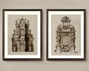 European Facade Architecture Prints, Classic Engravings, Set of 2