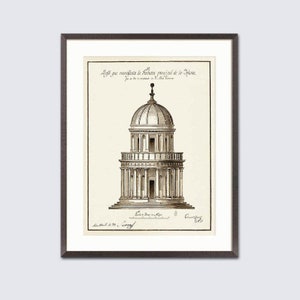 May include: Framed architectural print depicting a detailed illustration of a domed building with columns and a detailed facade. The print is in sepia tones, with text in Spanish. The frame is dark brown.
