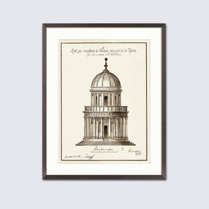 May include: Framed architectural print depicting a detailed illustration of a domed building with columns and a detailed facade. The print is in sepia tones, with text in Spanish. The frame is dark brown.