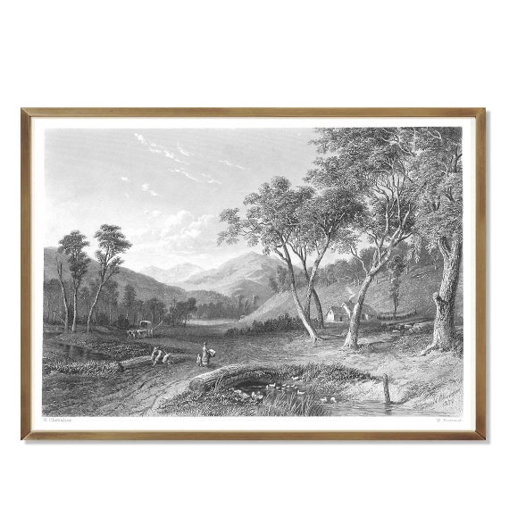 Engraving Landscape art print, European landscape, landscape decor, black and white vintage drawing, line art, vintage landscape