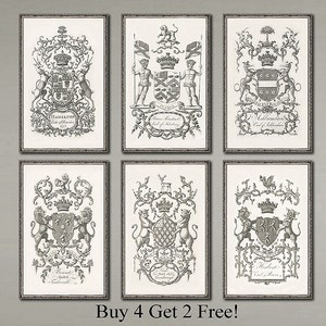 Family crest Heraldic coat of arms 18th century family crest. 11x17 or 16 x 24 inch. Receive all 6 prints.